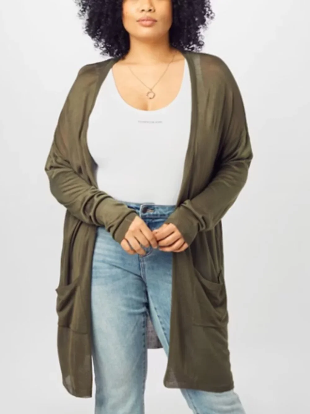 Kaffe Lightweight Long Sandra Open Cardigan In Olive Green - Picture 3 of 6